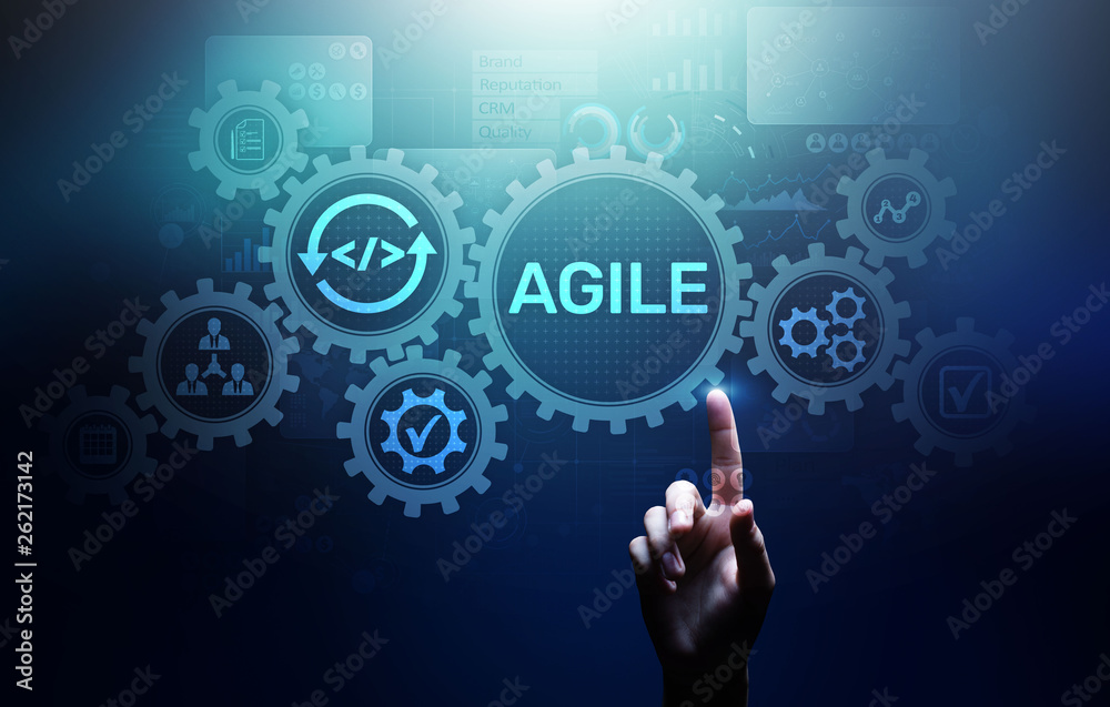 Agile development methodology concept on virtual screen. Technology concept.