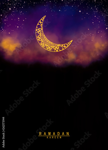 Abstract crescent moon graphic design and night sky watercolor digital art painting for Ramadan Kareem Muslim holy month concepts backgrounds