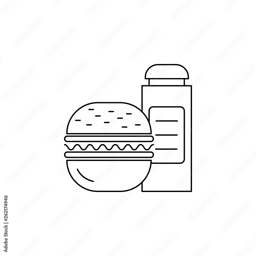 Burger and bottle of water linear icon. Burger and bottle of water linear icon.