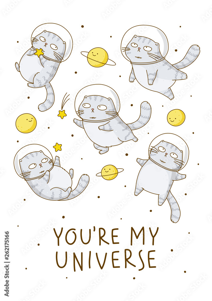 Fototapeta Cute scottishfold cats astronauts on starry white background