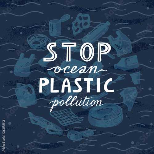 Environmental banner plastic garbage trash marine life in our ocean and text stop plastic pollution