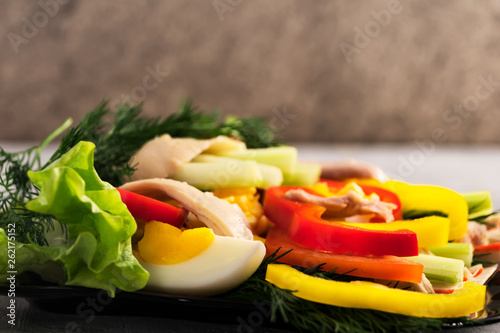 Striped fresh peppers and celery, pieces of meat and boiled eggs, lettuce leaves with dill - the ingredients for making burrito.