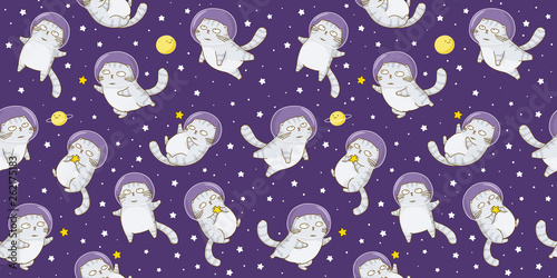 Seamless pattern with cute scottishfold cats astronauts on starry space background