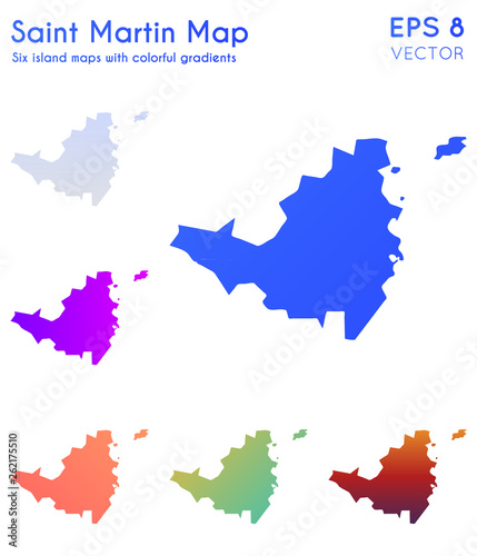 Map of Saint Martin with beautiful gradients. Authentic set of Saint Martin maps. Exquisite vector illustration.