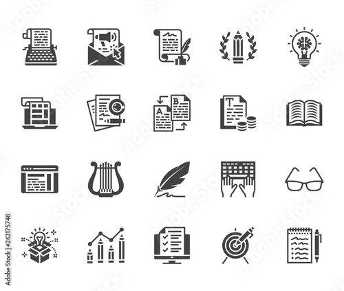 Copywriting flat glyph icons set. Writer typing text, social media content, e-mail newsletter, creative idea, typewriter vector illustrations. Writing signs. Solid silhouette pixel perfect 64x64