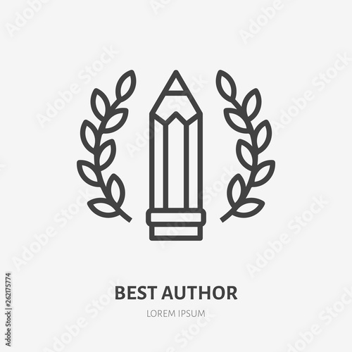 Best author achievement flat line icon. Pen with wreath vector illustration. Thin sign for literary, grammar contest, writer logo