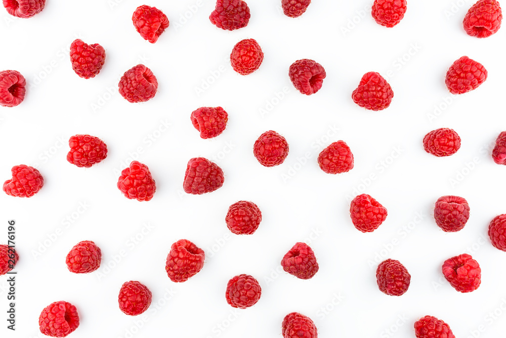 Pattern made from fresh raspberries, top view, flat lay pattern, isolated on a white background. Pattern made from fresh raspberries, top view, flat lay pattern, isolated on a white background.