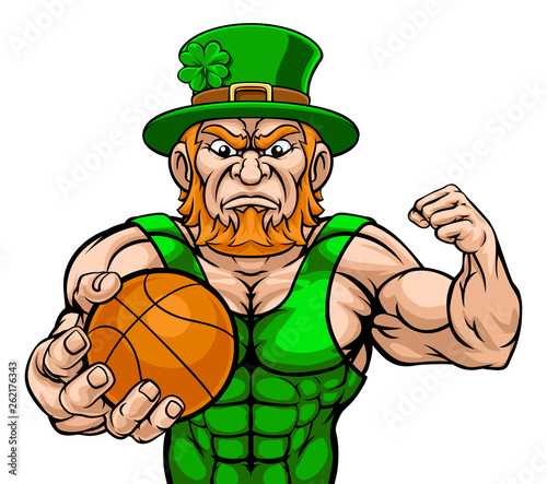 A leprechaun basketball sports mascot holding a ball