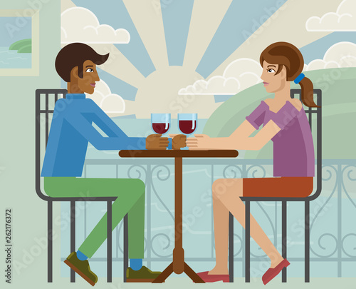 Young couple or friends drinking wine at a beach sea side restaurant cartoon