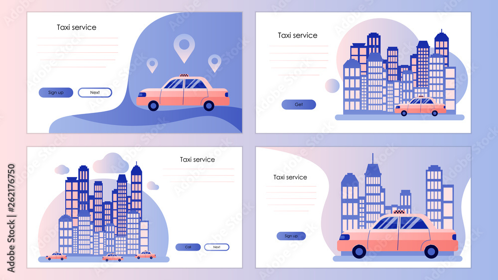 Taxi service. Screen template for mobile smart phone, landing page, template, ui, web, mobile app, poster, banner, flyer. Background the city with skyscrapers. Flat style. Vector illustration