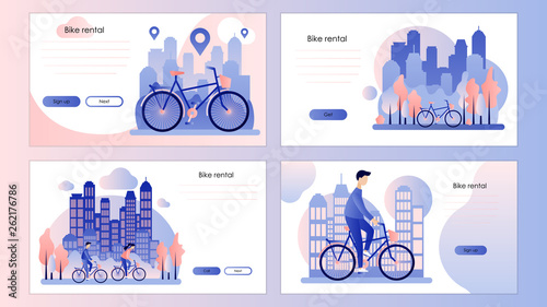 Bike rental. Screen template for mobile smart phone, landing page, template, ui, web, mobile app, poster, banner, flyer. Background the city with skyscrapers. Flat style. Vector illustration