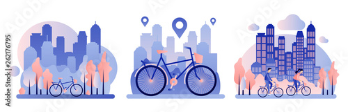 Bike rental. Background the city with skyscrapers. Flat style. Vector illustration