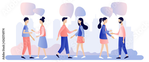 Group of people talking . Businessmen discuss social network, news, social networks, chat, dialogue speech bubbles.Flat style. Vector illustration