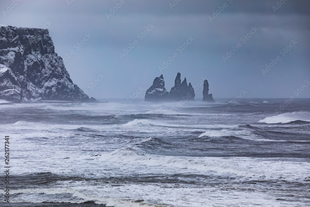 View from cape Dyrholaey on Reynisfjara Beach, Iceland.