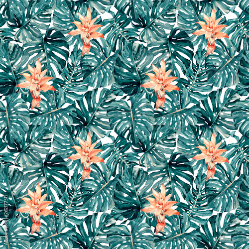 Watercolor hand painted exotic botany monstera leaves seamless pattern