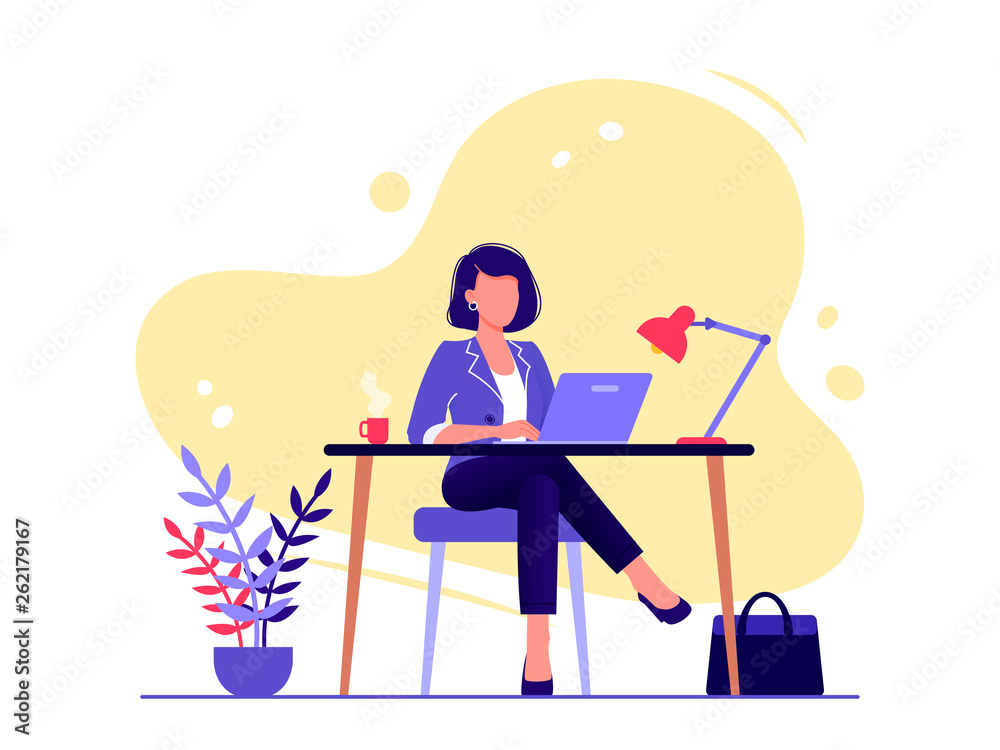 Office worker. Businesswoman is sitting at the desk and working on the laptop. Flat vector concept illustration isolated on white. - obrazy, fototapety, plakaty 