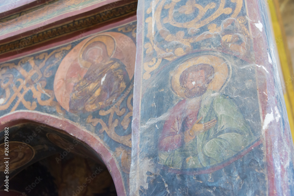 Mtskheta, Georgia - Jul 21 2018: Ancient Mural at Svetitskhoveli Cathedral in Mtskheta, Mtskheta-Mtianeti, Georgia. It is part of the World Heritage Site - Historical Monuments of Mtskheta.