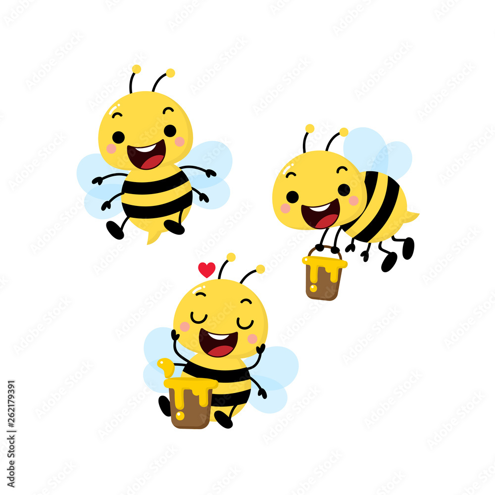 Obraz premium Cute honey bee vector. Animal cartoon character set.