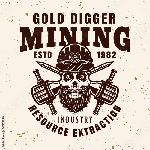 Skull of gold digger and jackhammers vector emblem