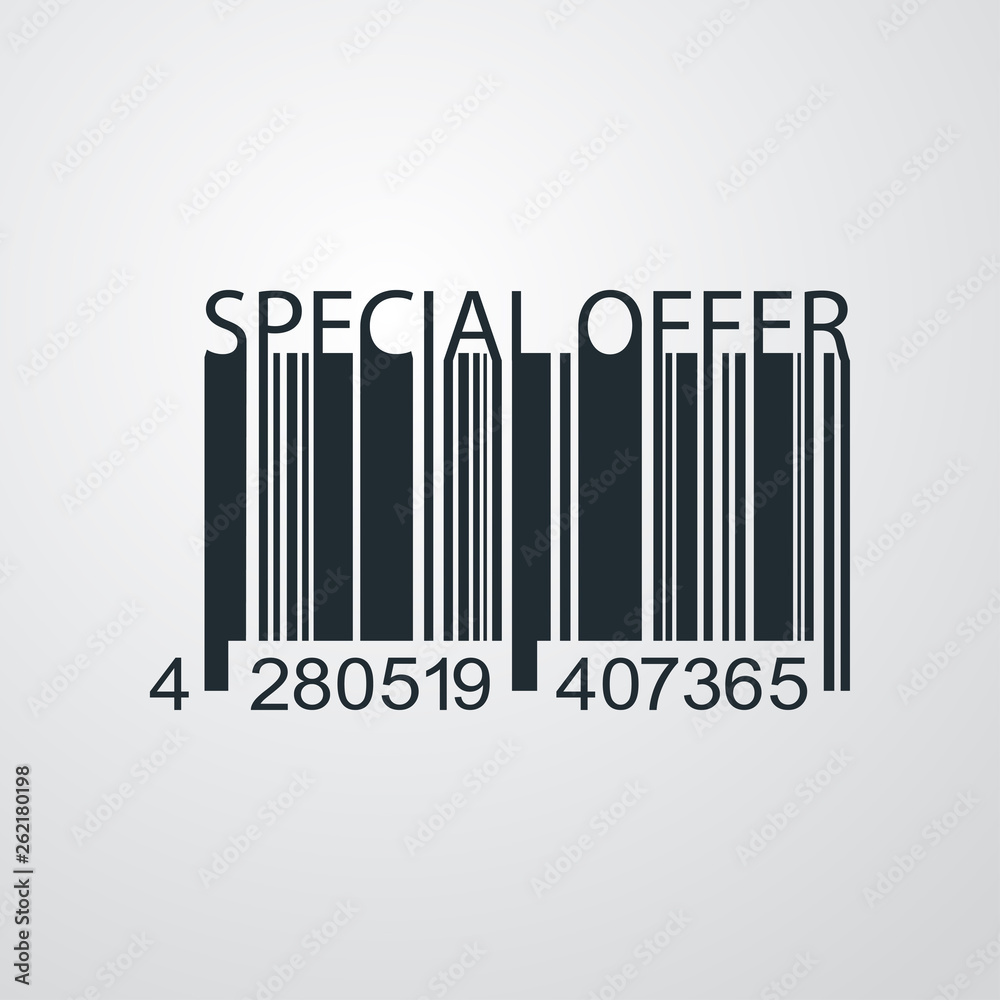 Icono plano código de barras con texto SPECIAL OFFER en fondo gris Icono plano código de barras con texto SPECIAL OFFER en fondo gris