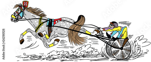 cartoon harness horse racing . Fast running trotter pulling a two wheeled cart a sulky  occupied by a driver . Side view vector illustration photo