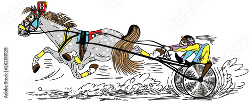 cartoon harness horse racing . Fast running trotter pulling a two wheeled cart a sulky  occupied by a driver . Side view vector illustration