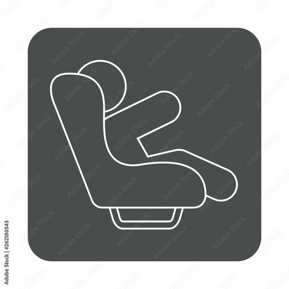 Icono plano lineal niño sentado en asiento de coche en cuadrado color gris Icono plano lineal niño sentado en asiento de coche en cuadrado color gris