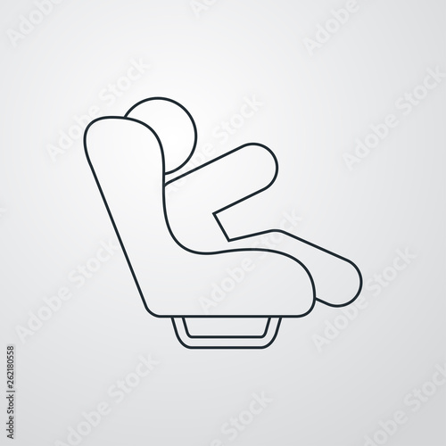 Icono plano lineal niño sentado en asiento de coche en fondo gris