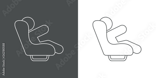Icono plano lineal niño sentado en asiento de coche en gris y blanco