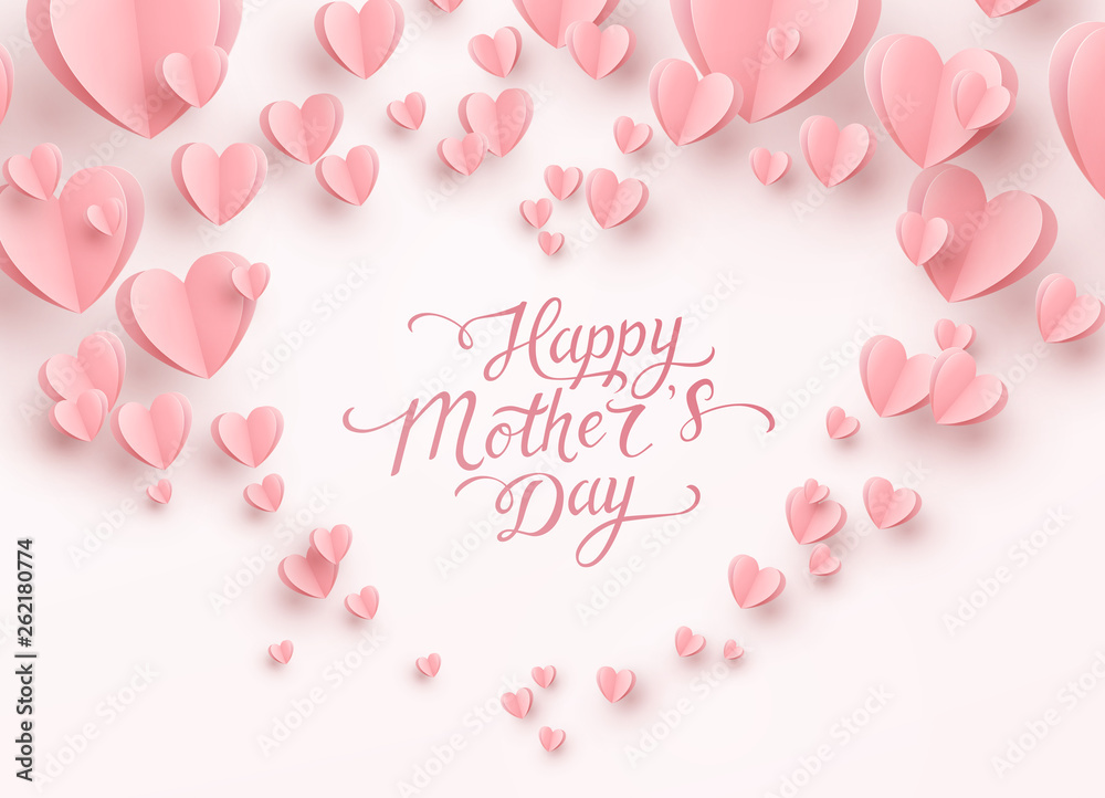 Postcard with paper flying elements on white background. Vector symbols of love in shape of heart for Happy Mother's Day greeting card design.