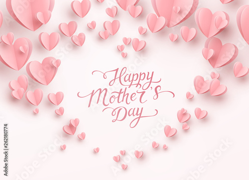 Postcard with paper flying elements on white background. Vector symbols of love in shape of heart for Happy Mother's Day greeting card design. © Kindlena
