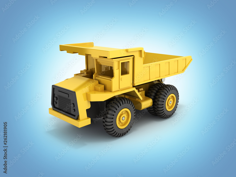 Yellow toy dump truck isolated on blue gradient background 3d render
