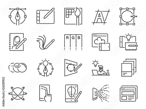 Digital design line icon set. Included icons as graphic designer, layout, tablet, mobile app, web design and more.