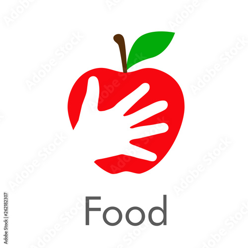 Logotipo abstracto con texto Food con manzana color rojo con mano en espacio negativo