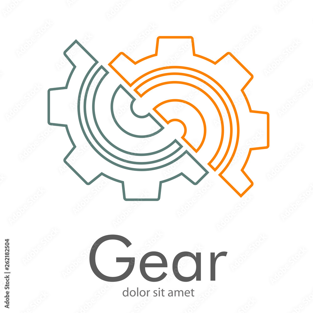 Logotipo abstracto con texto Gear con engranaje lineal dividido por la mitad en gris y naranja Logotipo abstracto con texto Gear con engranaje lineal dividido por la mitad en gris y naranja