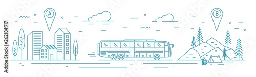Monochrome banner template with bus riding from departure point towards forest camp at destination point. Touristic transportation, travel transport service. Vector illustration in line art style.