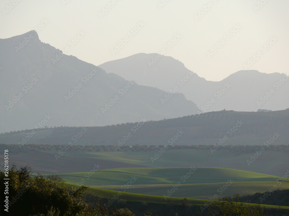Panorama of mountains and valleys near Ronda, Spain.