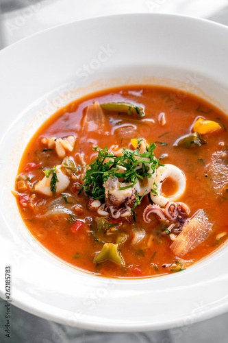 stewed squid seafood soup in spicy tomato and vegetable sauce photo