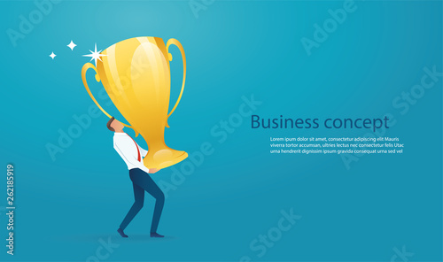businessman lift the big gold trophy up. vector illustration EPS10 