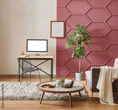 Canvas Print Working room decor with sofa and middle table, white and claret red wall
