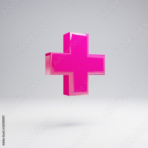 Volumetric glossy pink plus symbol isolated on white background.