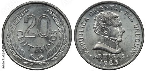 Uruguay Uruguayan aluminum coin 20 twenty centesimos 1965, value flanked by sprigs, bust of Artigas right, date below, photo