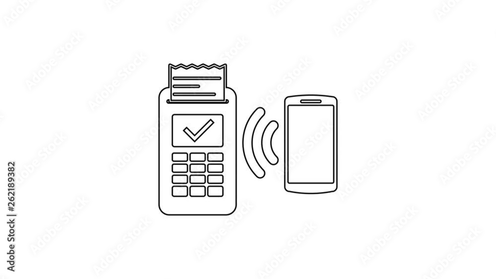 Grey POS terminal with printed reciept and confirms the payment by smartphone line icon on white background. NFC payment concept. 4K Video motion graphic animation Grey POS terminal with printed reciept and confirms the payment by smartphone line icon on white background. NFC payment concept. 4K Video motion graphic animation