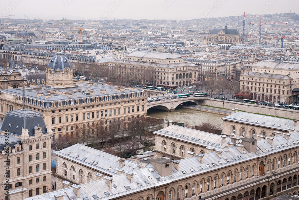 aerial view of Paris and Seine river