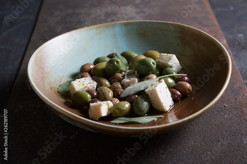 Olives with cheese and olive oil