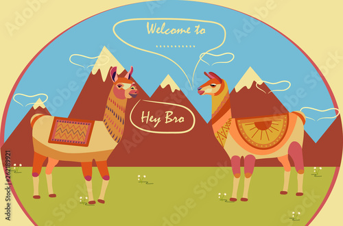 Two llamas on a background of mountains. Place for inscription  Welcome to. Tourist poster. Stylized animal character of South America. 