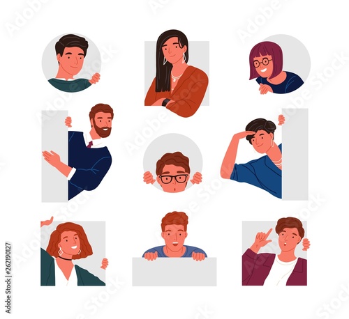 Collection of peeping people isolated on white background. Set of portraits of funny curious young men and women searching something. Bundle of design elements. Flat cartoon vector illustration.