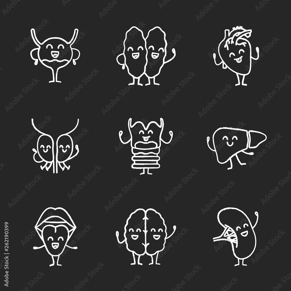 Smiling human internal organs characters chalk icons set Smiling human internal organs characters chalk icons set