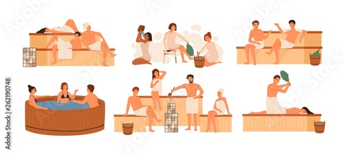 Collection of people bathing in sauna or banya full of steam. Set of happy men and women taking bath, washing their bodies. Activity for wellness and recreation. Flat cartoon vector illustration.