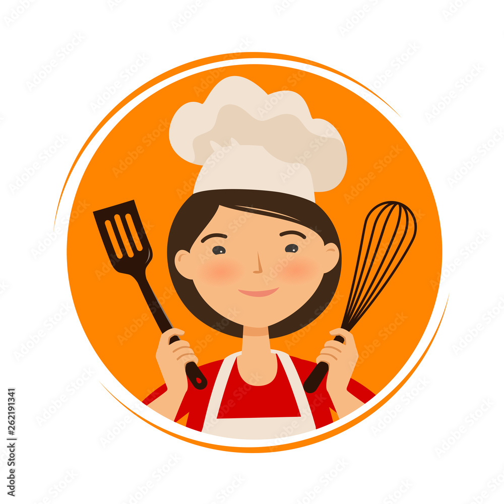 Cooking, cuisine logo. Cute girl in chef hat. Cartoon vector illustration  Stock Vector | Adobe Stock